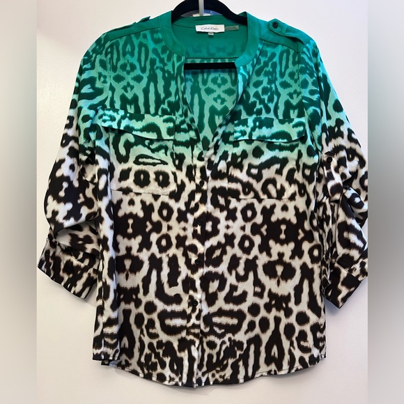 Calvin Klein Teal & Black Leopard Ombré Blouse buttoned Sleeve - Picture 3 of 9